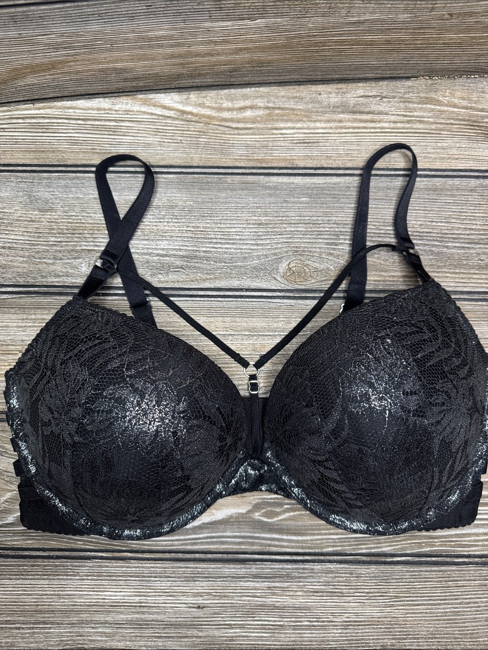 Victoria's Secret Black Lace Push-Up Bra with Strappy Front